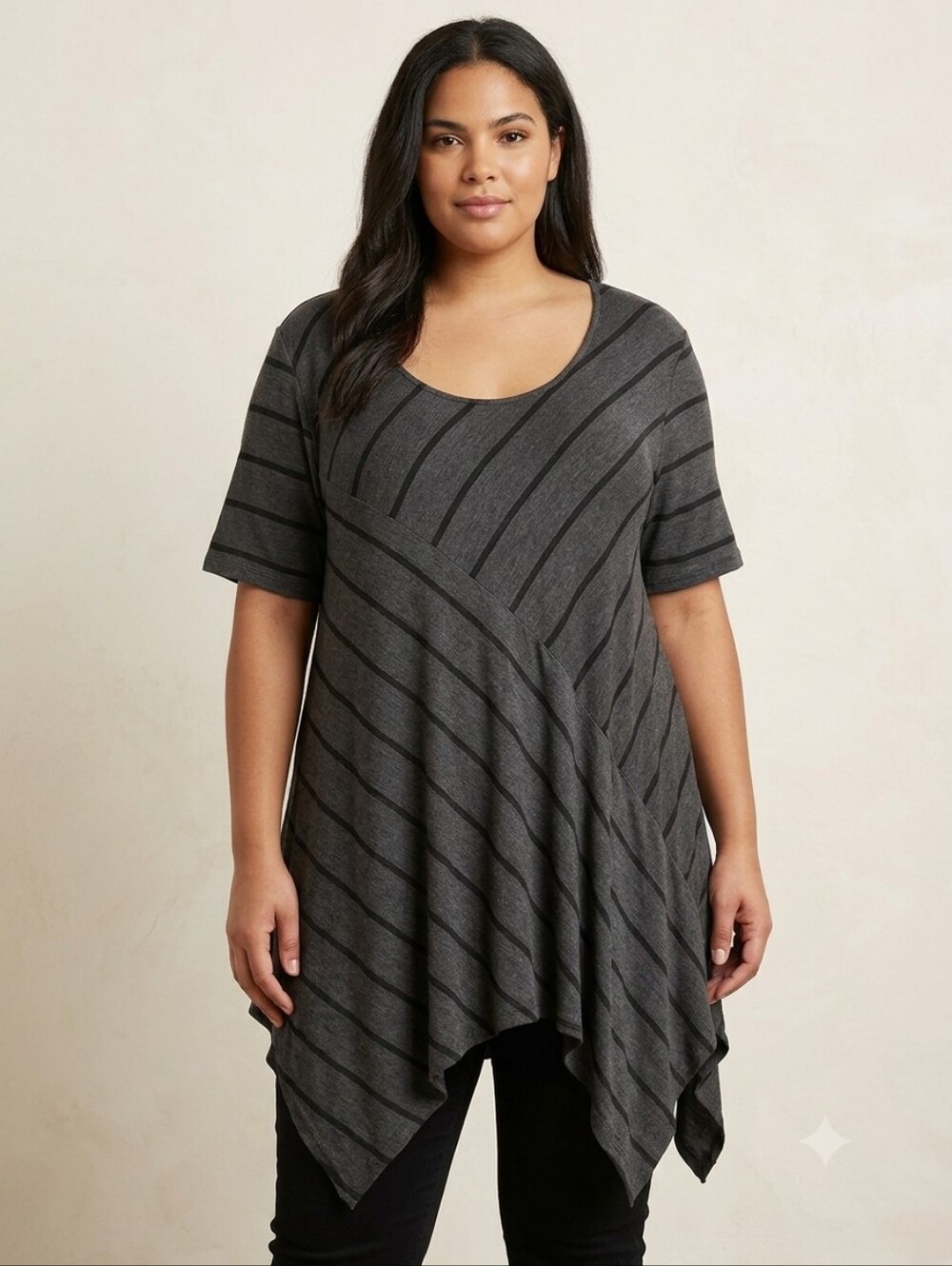 Time Square 2X Gray Striped Asymmetrical Hanky Hem Tunic Top Short Sleeve